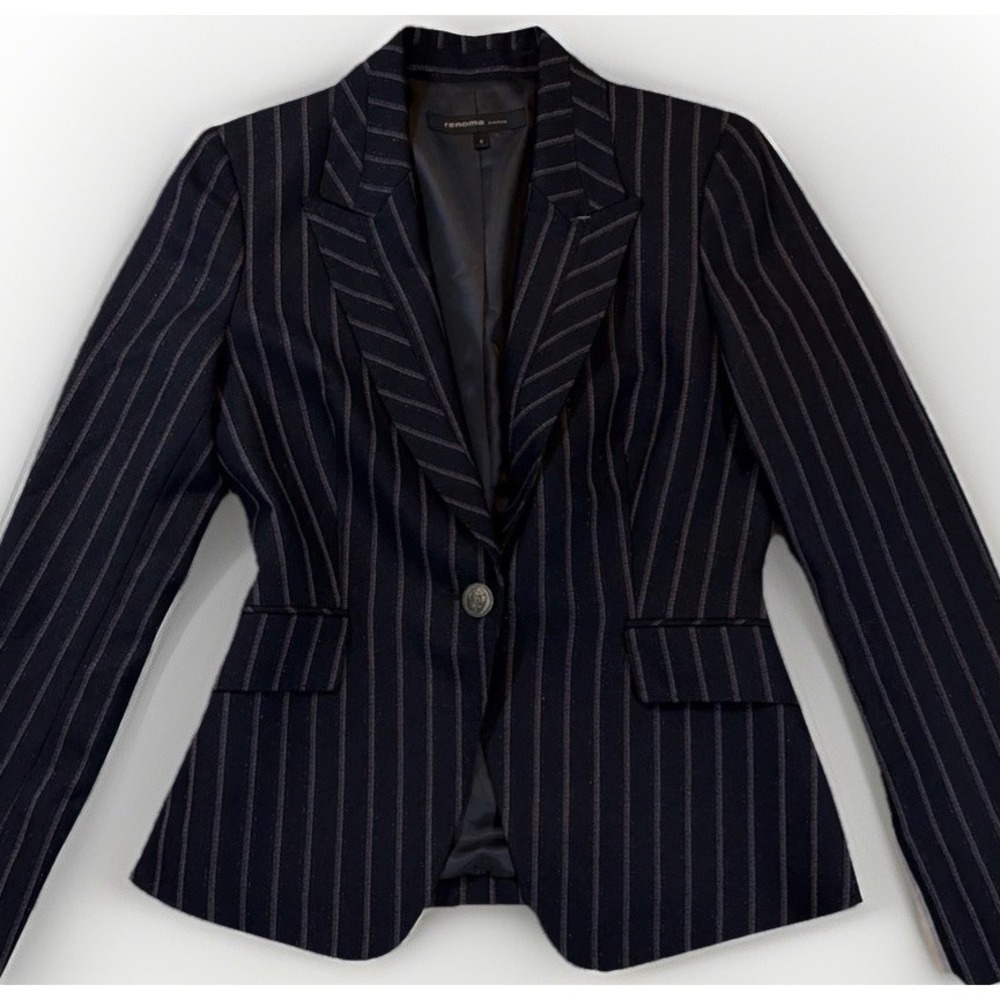 Renoma Paris Women Blue Pinstripe Metallic Glitter Blazer Jacket Size 6 NWOT
